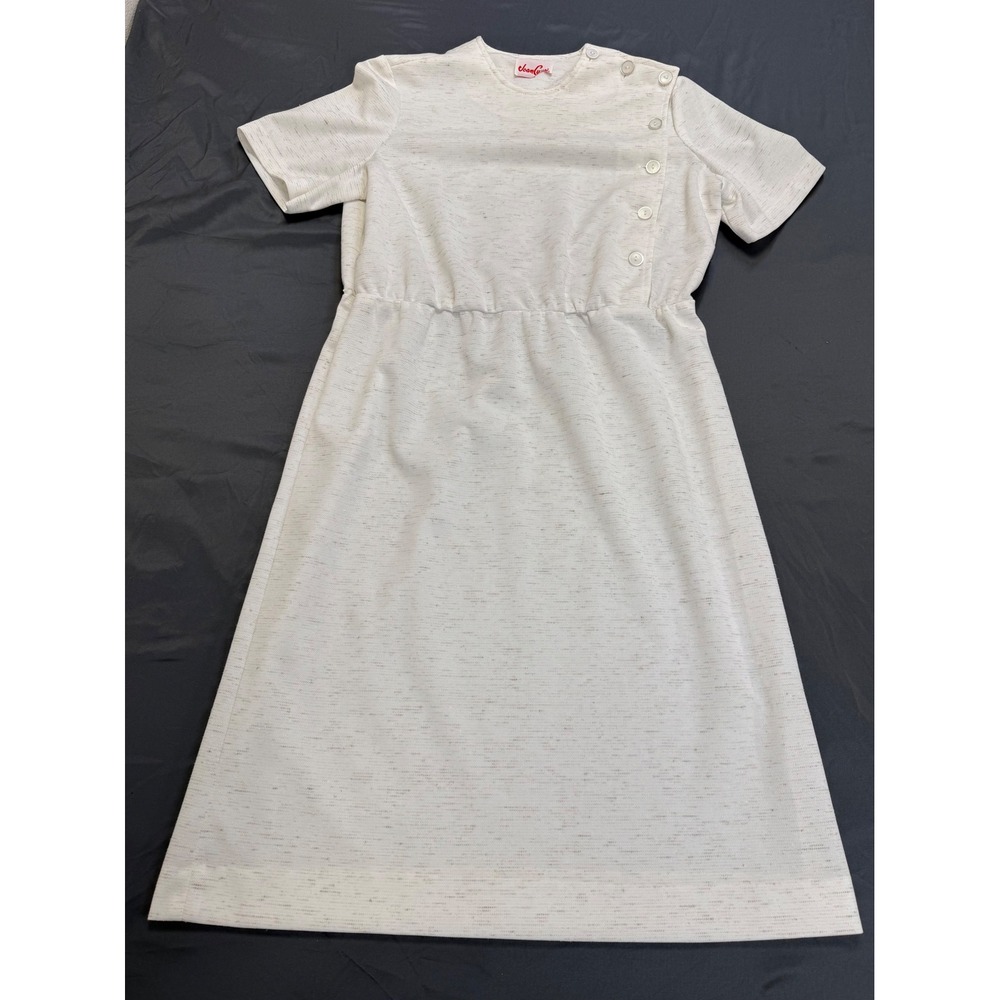 Vintage Joan Curtis Cream Asymmetrical Button Front Short Sleeve Midi Dress